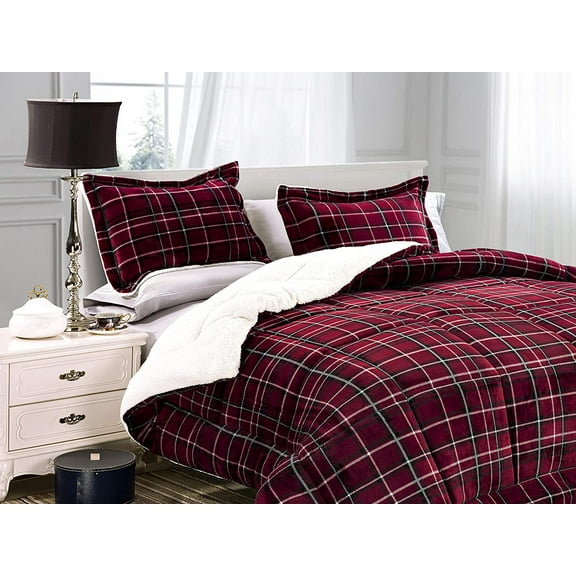 Elegant Comfort Soft & Plush Sherpa Comforter- Lilith Plaid Collection, 3-Piece Bed Set, High Quality, Reversible Down Alternative Micro-Suede, Plaid Sherpa Comforter, King, Dark Burgundy