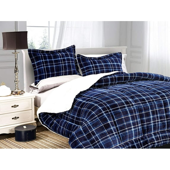 Elegant Comfort Soft & Plush Sherpa Comforter- Lilith Plaid Collection, 3-Piece Bed Set, High Quality, Reversible Down Alternative Micro-Suede, Plaid Sherpa Comforter, Cal King, Ocean Navy