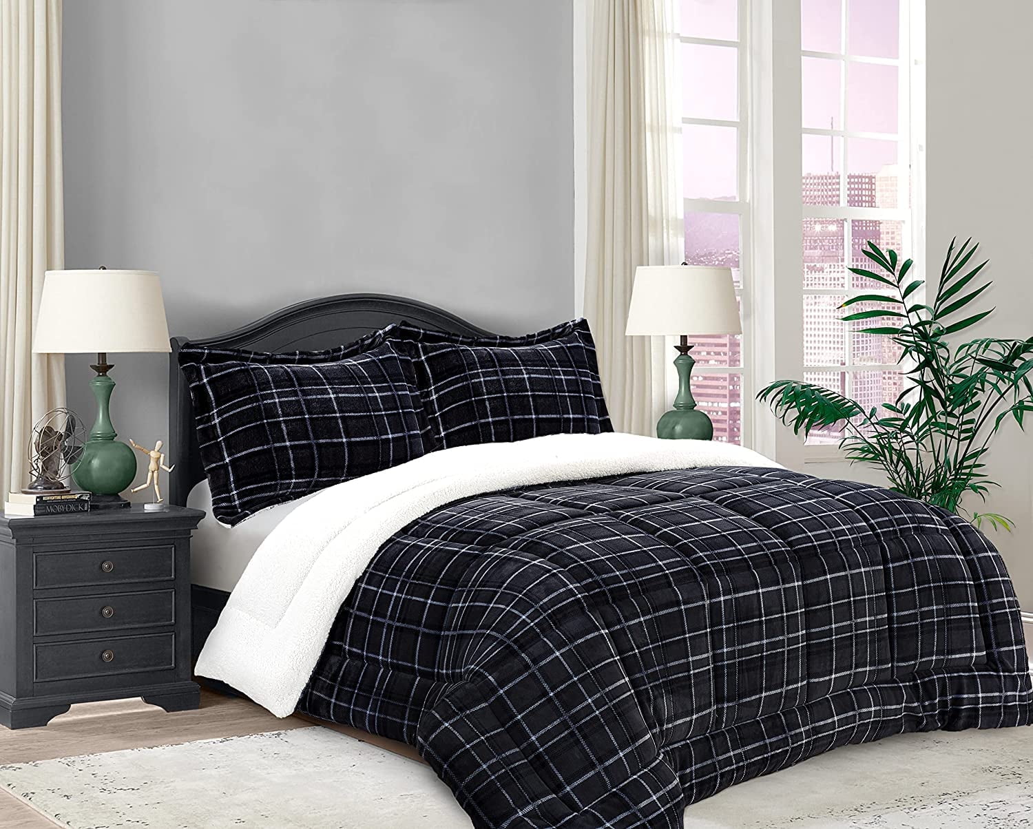 Elegant Comfort Soft & Plush Sherpa Comforter - Lilith Plaid Collection, 3-Piece Bed Set, Reversible Down Alternative Micro-Suede, Plaid Design, Cal King, Charcoal Black
