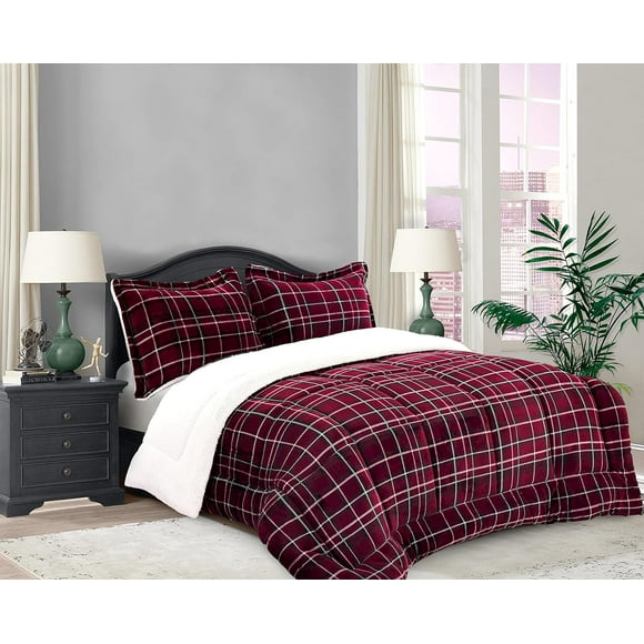 Elegant Comfort Soft & Plush Sherpa Comforter - Lilith Plaid Collection, 3-Piece Bed Set, Reversible Down Alternative Micro-Suede, Plaid Design, Cal King, Dark Burgundy