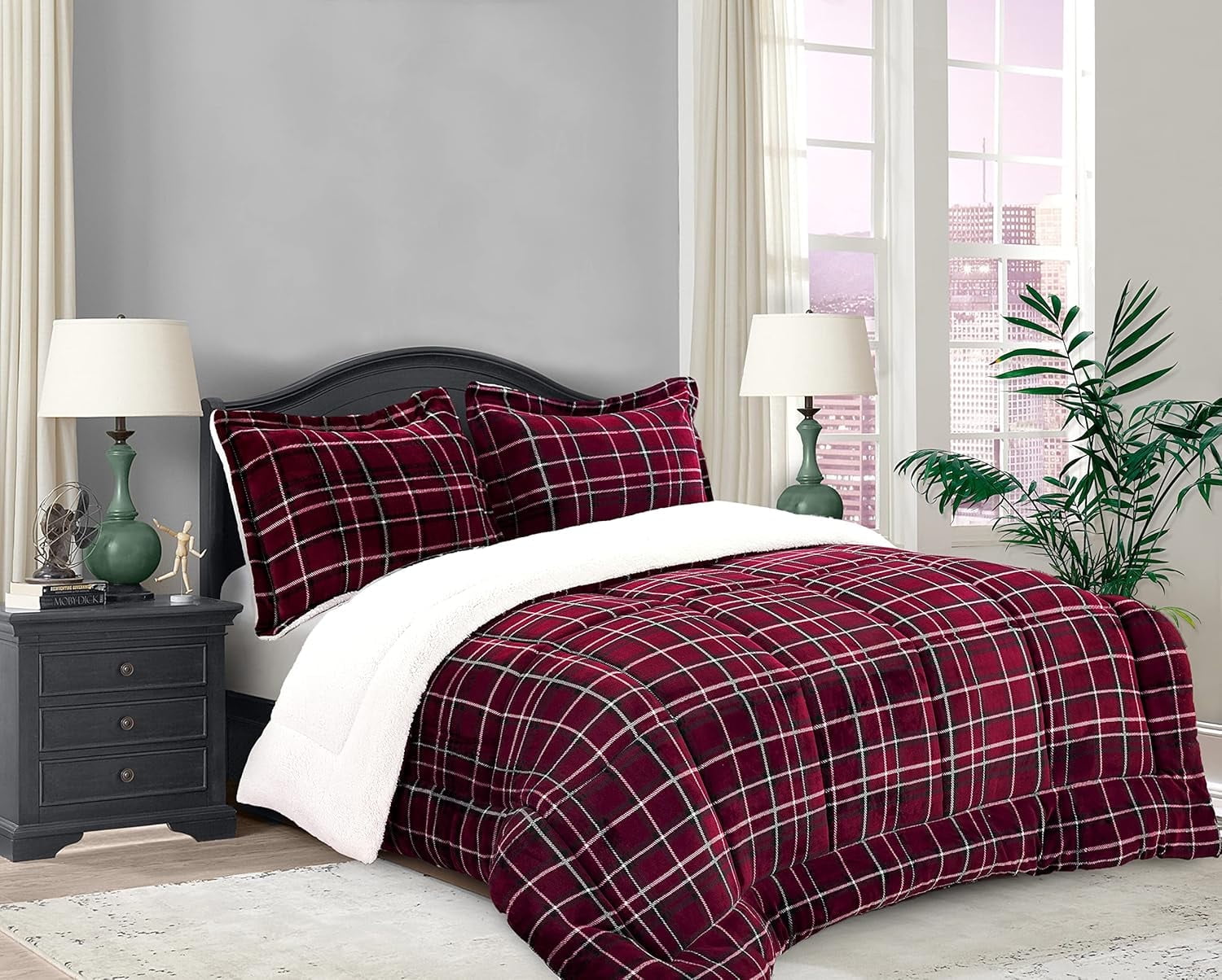 Elegant Comfort Soft & Plush Sherpa Comforter - Lilith Plaid Collection, 3-Piece Bed Set, Reversible Down Alternative Micro-Suede, Plaid Design, Cal King, Dark Burgundy