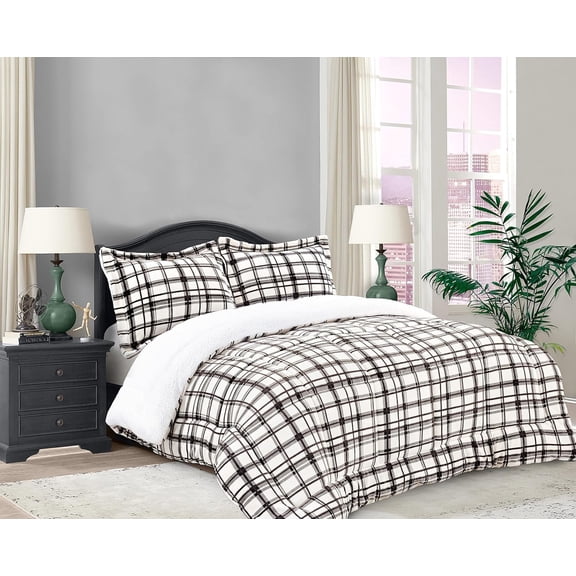 Elegant Comfort Soft & Plush Sherpa Comforter - Lilith Plaid Collection, 3-Piece Bed Set, Reversible Down Alternative Micro-Suede, Plaid Design, Queen, Autumn Taupe
