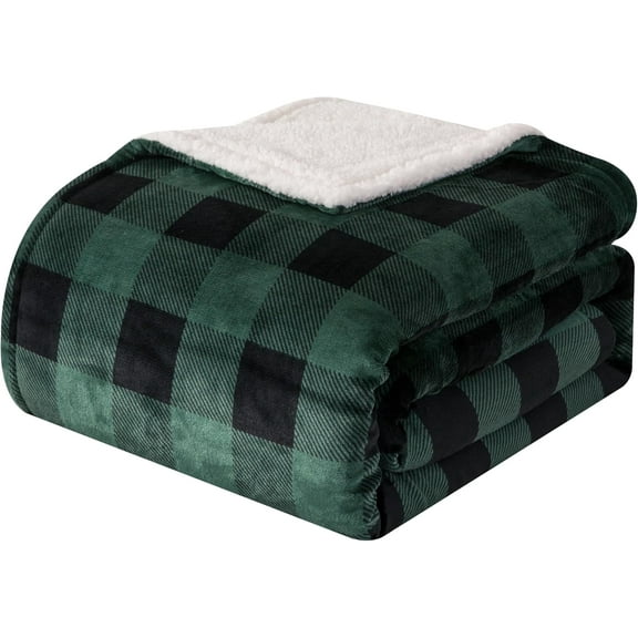 Elegant Comfort Soft, Reversible Buffalo Plaid Sherpa Blanket, Flannel Fleece Throw for Couch and Bed, Warm and Plush Winter Blanket, Twin, Green