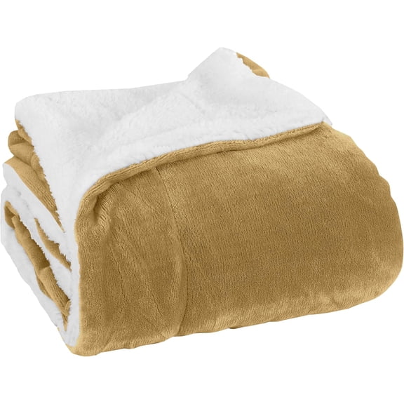 Elegant Comfort Soft, Reversible Sherpa Blanket, Flannel Fleece Throw for Couch and Bed, Warm and Plush Winter Blanket, Queen, Gold