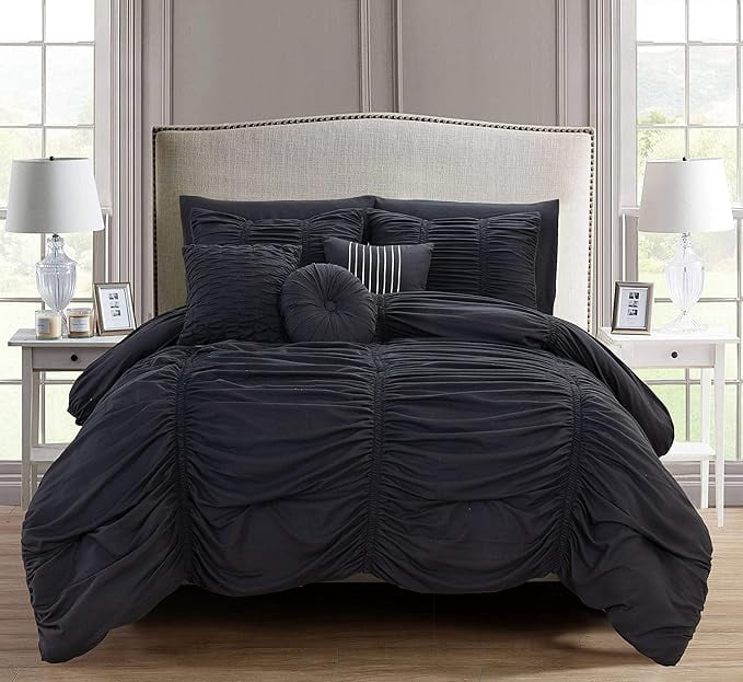 Elegant Comfort Softest, 10pc Pleated Bedding-in-a-Bag, Ruched Ruffle Comforter Set Featuring Decorative Pillows and Fitted Sheet with Storage Pockets, Pleated Comforter, Full/Queen, Pitch Black