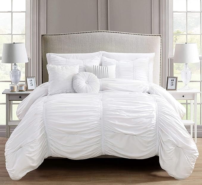 Elegant Comfort Softest, 10pc Pleated Bedding-in-a-Bag, Ruched Ruffle Comforter Set Featuring Decorative Pillows and Fitted Sheet with Storage Pockets, Pleated Comforter, King, Pearl White