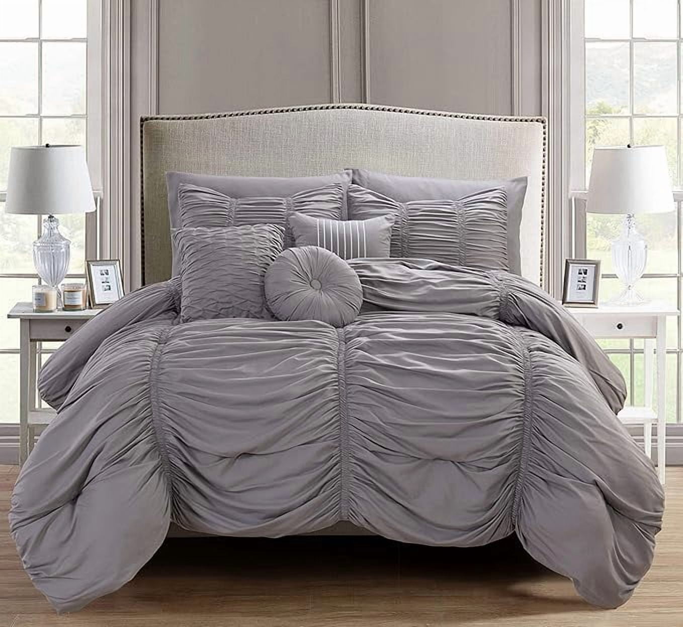 Elegant Comfort Softest, 10pc Pleated Bedding-in-a-Bag, Ruched Ruffle Comforter Set Featuring Decorative Pillows and Fitted Sheet with Storage Pockets, Pleated Comforter, Full/Queen, Shale Gray