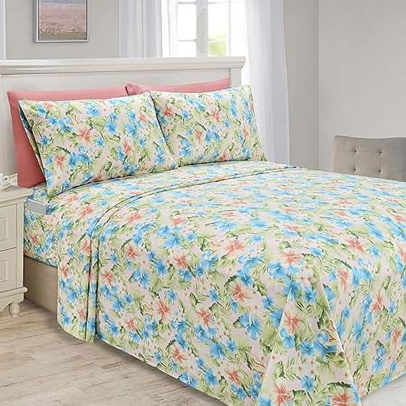 Elegant Comfort Softest and 6-Piece Sheet Set - 1500 Series- Deep Pocket, Wrinkle Resistant 6-Piece Floral Magnolia Pattern Bed Sheet Set, Queen, Magnolia