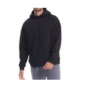 Elegant Comfort Solid Basic Fleece Letter Loose Hoodie Sweatshirt Long Sleeve Kangaroo Pocket Drop Shoulder Pullovers Top Men XL
