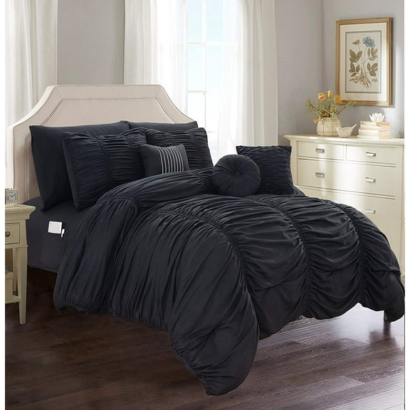 Elegant Comfort Solid Print Microfiber Woven Washable Comforter Sets, Full, Black, 10-Pieces