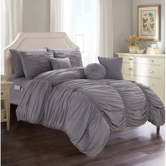 Elegant Comfort Solid Print Microfiber Woven Washable Comforter Sets, Full, Gray, 10-Pieces