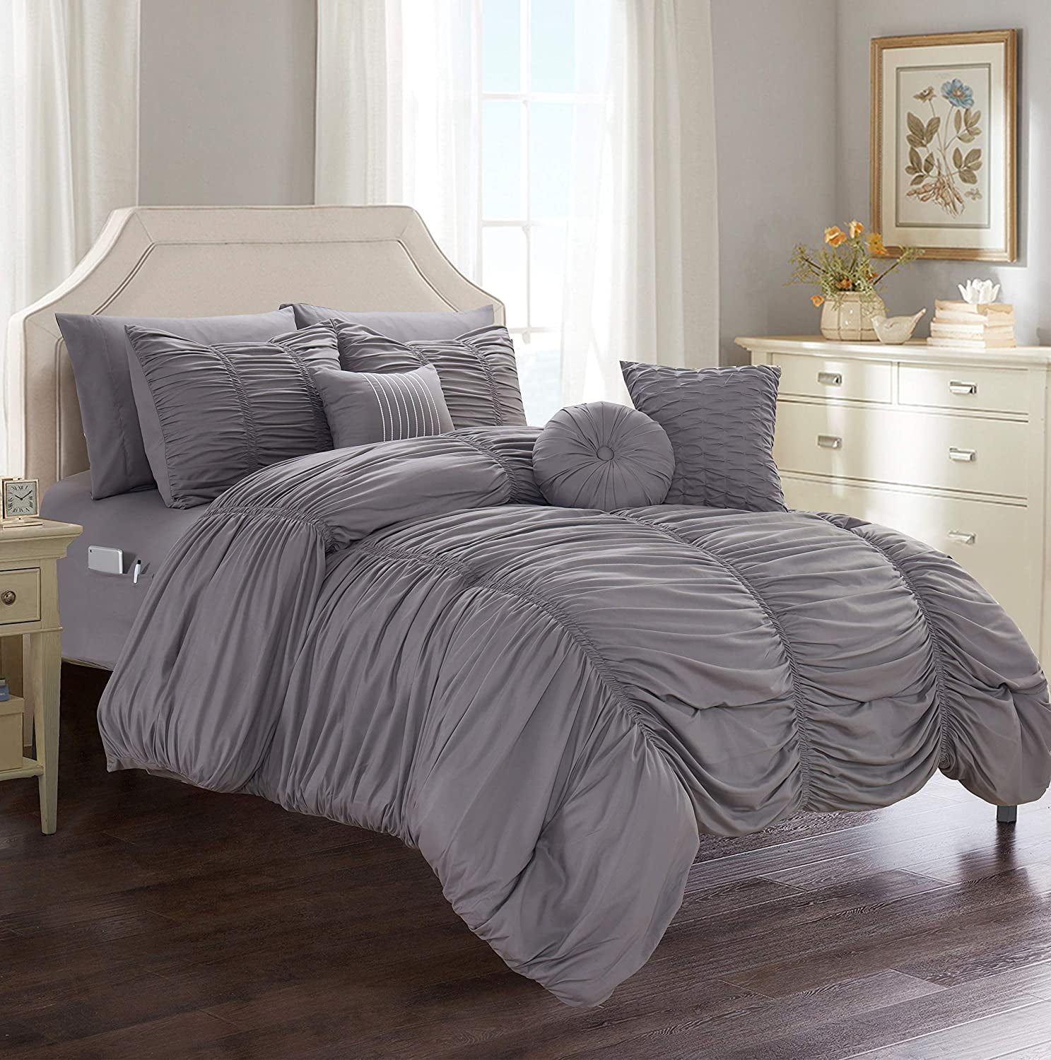 Elegant Comfort Solid Print Microfiber Woven Washable Comforter Sets, King, Gray, 10-Pieces