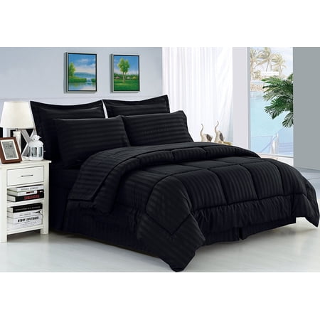 Elegant Comfort Striped 8 Piece Bed in a Bag, Full/Queen with Comforter, Bed Skirt, Pillow Shams, Flat Sheet, Fitted Sheet, Pillowcase