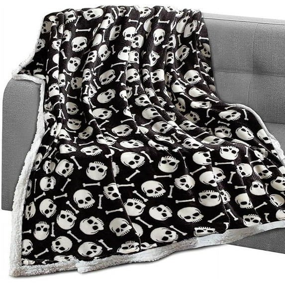 Elegant Comfort Throw Blanket, Reversible Sherpa Flannel, Soft, Fuzzy, Cozy and Plush- All season Lightweight Decorative Throw, 50 x 60 inches, Skulls and Bones Sherpa Throw