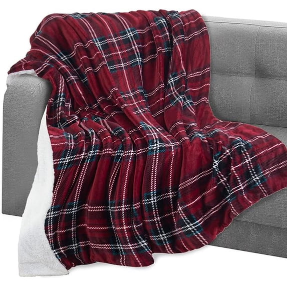Elegant Comfort Throw Blanket, Reversible Sherpa Flannel, Ultra-Soft, Fuzzy, Plush- All season Lightweight Decorative Throw, 50 x 60 inches, Plaid Design Sherpa Throw, Burgundy