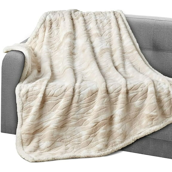 Elegant Comfort Beige Reversible Sherpa Flannel Throw Blanket, Ultra-Soft Lightweight Decorative, 50 x 60 Inches