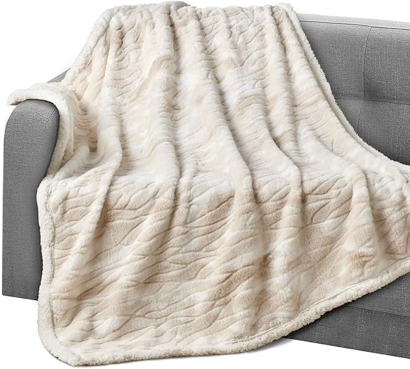 Elegant Comfort Beige Reversible Sherpa Flannel Throw Blanket, Ultra-Soft Lightweight Decorative, 50 x 60 Inches