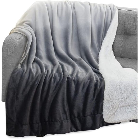 Elegant Comfort Throw Blanket, Reversible Sherpa Flannel, Ultra-Soft, Fuzzy, Plush- All season Lightweight Decorative Throw, 50 x 60 inches, Ombre Design Sherpa Throw, Gray