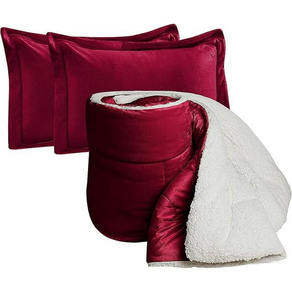 Elegant Comfort Ultra Plush 3-Piece Sherpa Comforter Set, Solid-Color and a Fluffy Sherpa Reverse, All Season Suitable, Heavy Weight, Micro-Suede, Sherpa Comforter, Queen, Burgundy