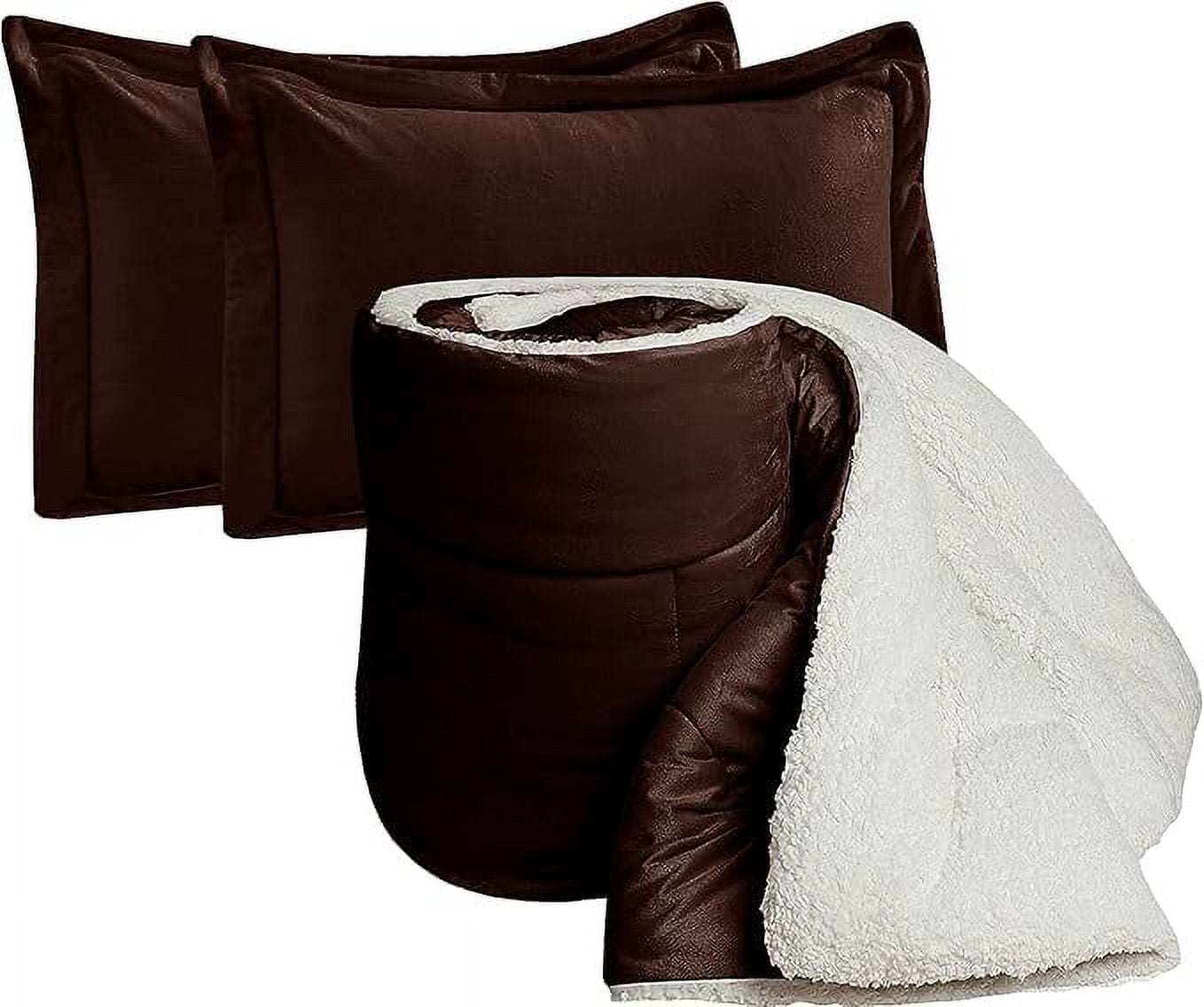 Elegant Comfort Ultra Plush 3-Piece Sherpa Comforter Set, Solid-Color and a Fluffy Sherpa Reverse, All Season Suitable, Heavy Weight, Micro-Suede, Sherpa Comforter, Queen, Brown