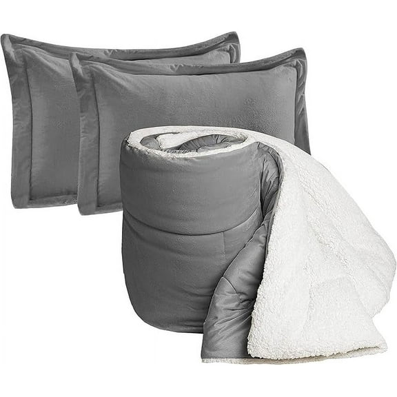 Elegant Comfort Ultra Plush 3-Piece Sherpa Comforter Set, Solid-Color and a Fluffy Sherpa Reverse, All Season Suitable, Heavy Weight, Micro-Suede, Sherpa Comforter, King, Silver Gray