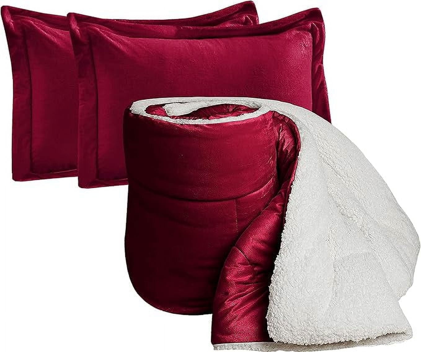 Elegant Comfort Ultra Plush 3-Piece Sherpa Comforter Set, Solid-Color and a Fluffy Sherpa Reverse, All Season Suitable, Heavy Weight, Micro-Suede, Sherpa Comforter, King, Burgundy