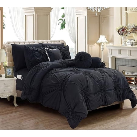 Elegant Comfort Ultra Soft 10-Piece Sunflower Bedding-in-a-Bag, Comforter Set Featuring Decorative Pillows and Fitted Sheet with Storage Pockets, Sunflower Comforter, Full/Queen, Black Knight