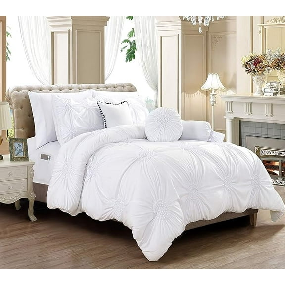 Elegant Comfort Ultra Soft 10-Piece Sunflower Bedding-in-a-Bag, Comforter Set Featuring Decorative Pillows and Fitted Sheet with Storage Pockets, Sunflower Comforter, Full/Queen, Gardenia White