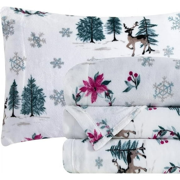 Elegant Comfort Ultra-Soft 4-Piece Holiday Velvet Plush Flannel Sheet Set - Warm Fuzzy Flannel Fleece with Deep Pockets - High-Quality - Queen, Christmas Wreath