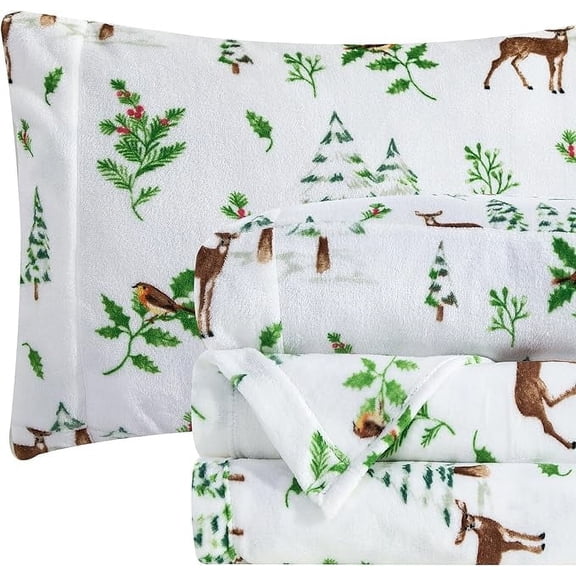 Elegant Comfort Ultra-Soft 4-Piece Holiday Velvet Plush Flannel Sheet Set - Warm Fuzzy Flannel Fleece with Deep Pockets - High-Quality - Queen, Enchanted Woods