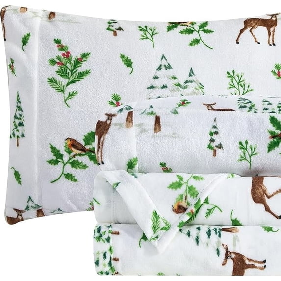 Elegant Comfort Ultra-Soft 4-Piece Holiday Velvet Plush Flannel Sheet Set - Warm Fuzzy Flannel Fleece with Deep Pockets - High-Quality - Queen, Enchanted Woods