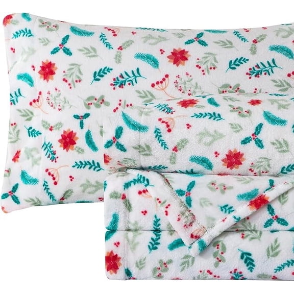 Elegant Comfort Ultra-Soft 4-Piece Holiday Velvet Plush Flannel Sheet Set - Warm Fuzzy Flannel Fleece with Deep Pockets - High-Quality - Full, Winter Bloom