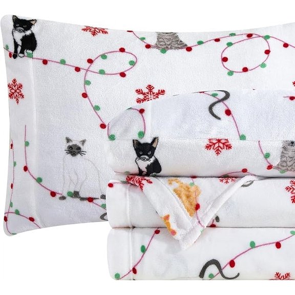 Elegant Comfort Ultra-Soft 4-Piece Holiday Velvet Plush Flannel Sheet Set - Warm Fuzzy Flannel Fleece with Deep Pockets - High-Quality - King, Jingle Cats