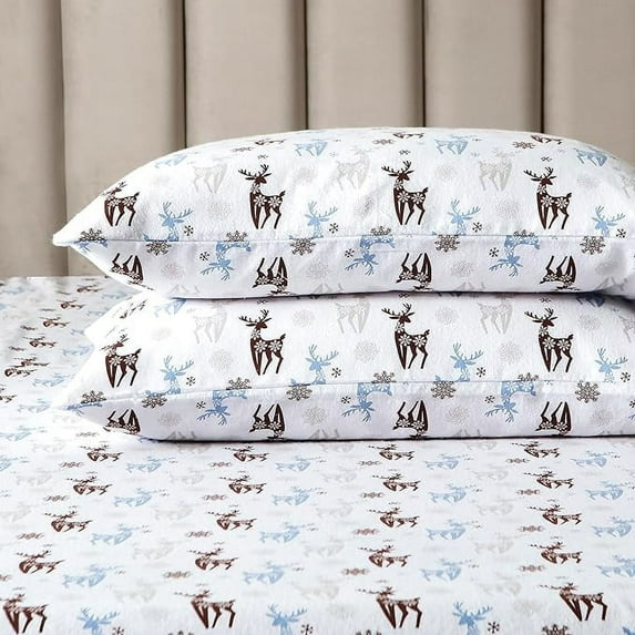 Elegant Comfort Ultra Soft 4-Piece Sheet Set - Holiday Christmas Flannel Sheets, Warm and Anti-Pill Quality, Deep Pocket Fitted Sheet- Full, Brown Deer