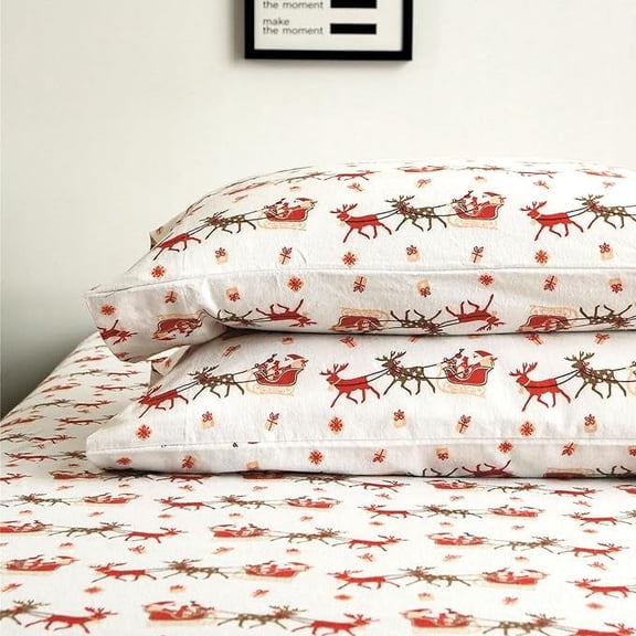 Elegant Comfort Santa Sleigh 4-Piece King Sheet Set, Deep Pocket Warm Cotton Flannel Bed Sheets, Multicolor