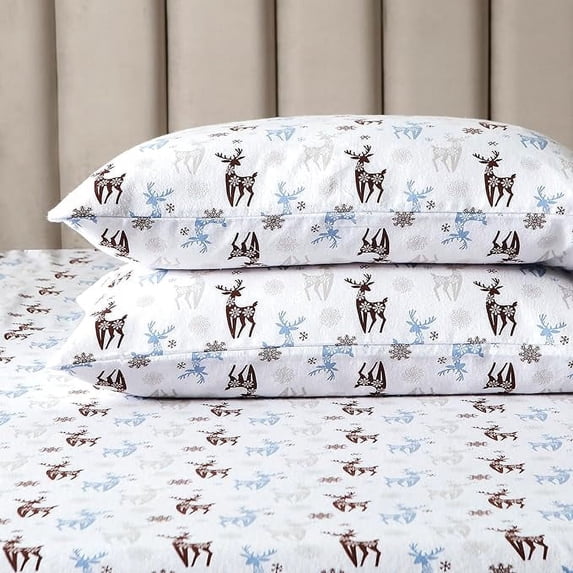 Elegant Comfort Ultra Soft 4-Piece Sheet Set - Holiday Christmas Flannel Sheets, Warm and Anti-Pill Quality, Deep Pocket Fitted Sheet- Queen, Brown Deer