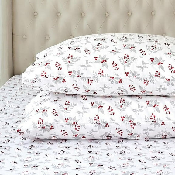 Elegant Comfort Ultra Soft 4-Piece Sheet Set - Holiday Christmas Flannel Sheets, Warm and Anti-Pill Quality, Deep Pocket Fitted Sheet- Twin XL, Holly Flower