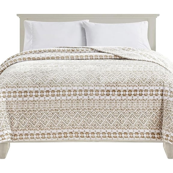 Elegant Comfort Soft Print Flannel Fleece Bed Blanket, Cozy-Fuzzy Lightweight Bedspread Coverlet, All season Decorative Blanket for Couch, Sofa, Geometric Design, King Size, Tala