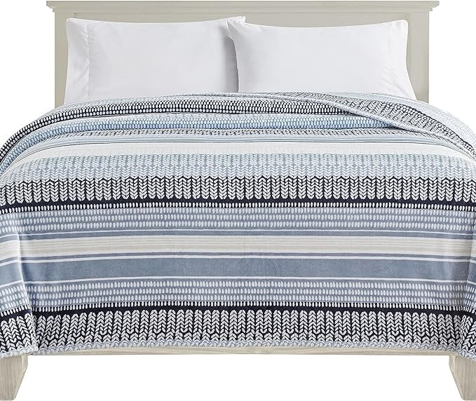 Elegant Comfort Soft Print Flannel Fleece Bed Blanket, Cozy-Fuzzy Lightweight Bedspread Coverlet, All season Decorative Blanket for Couch, Sofa, Striped Design, King Size, Anissa