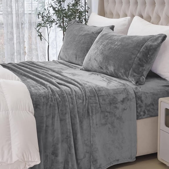 Elegant Comfort Velvel Fleece 4 Pieces Sheet Set - Twin XL, Gray