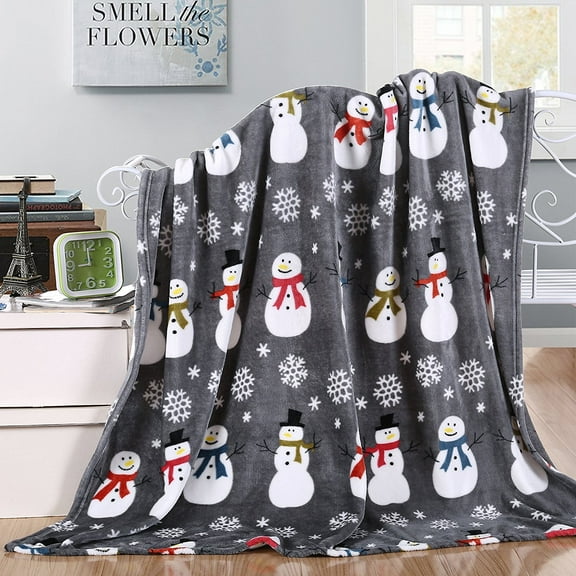 Elegant Comfort Velvet Touch Ultra Plush Christmas Holiday Printed Fleece Throw/Blanket - 50" x 60inch, (Gray Snowman)