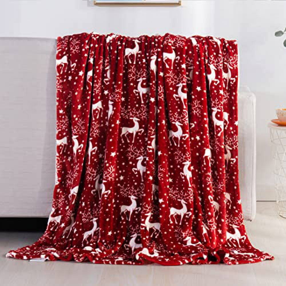 Red Reindeer Stars Christmas Fleece Throw Blanket 50 x 60 Inch