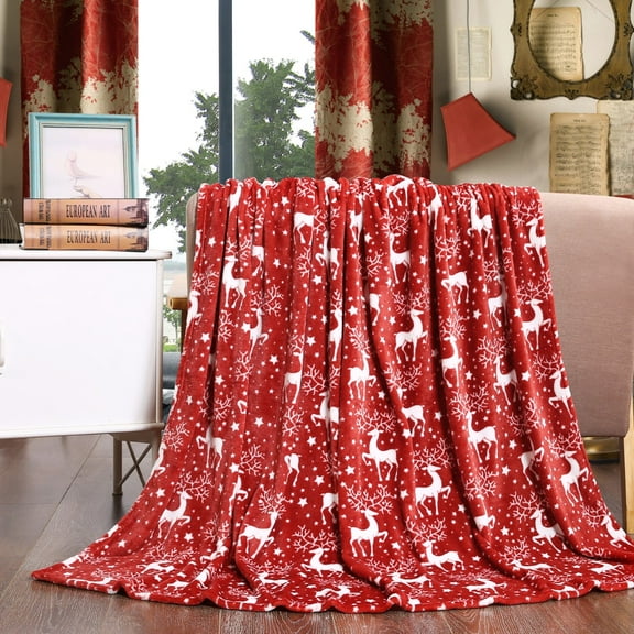 Elegant Comfort Velvet Touch Ultra Plush Christmas Holiday Printed Fleece Throw/Blanket - 50" x 60inch, (Reindeer)