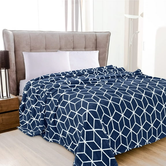 Elegant Comfort Flannel Fleece Throw Blanket, Cube Print, Lightweight and Cozy Material, All Season Suitable, Twin/Twin XL, Navy Blue