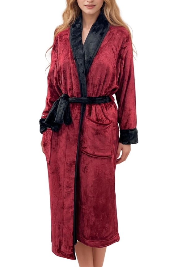 Women’s Plush Fleece Spa Bathrobe, Shawl Collar and Pockets, Velvet Soft and Warm Long Robe - Extra Large, Burgundy/Black