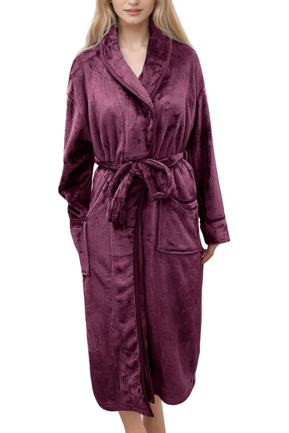 Women’s Plush Fleece Spa Bathrobe, Shawl Collar and Pockets, Velvet Soft and Warm Long Robe - Extra Large, Purple
