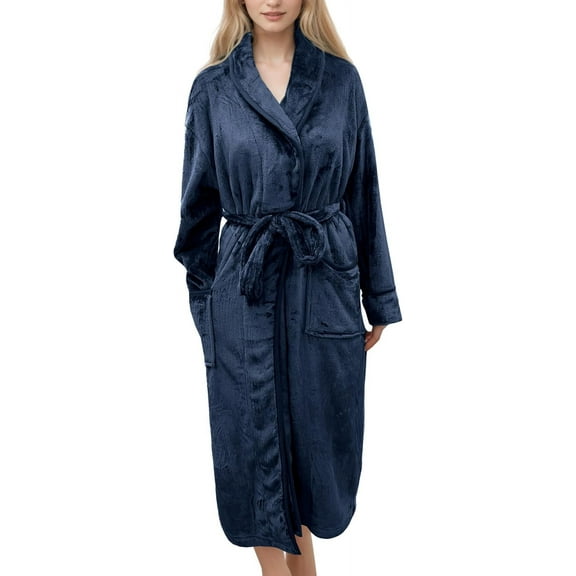 Elegant Comfort Women’s Plush Fleece Spa Bathrobe, Shawl Collar and Pockets, Velvet Soft and Warm Long Robe - Large, Navy Blue