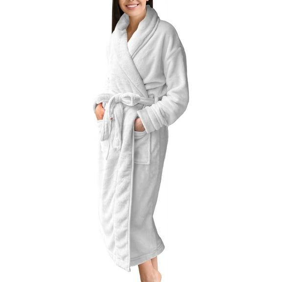 Elegant Comfort Women’s Plush Fleece Spa Bathrobe, Shawl Collar and Pockets, Velvet Soft and Warm Long Robe - Medium, White