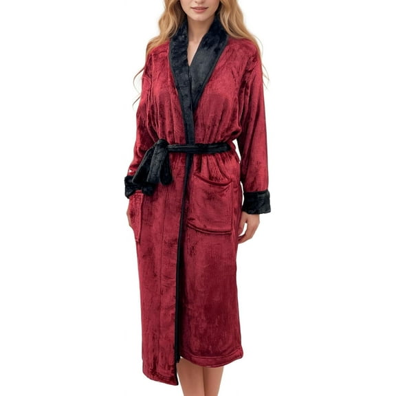 Elegant Comfort Women’s Plush Fleece Spa Bathrobe, Shawl Collar and Pockets, Velvet Soft and Warm Long Robe - Small, Burgundy/Black