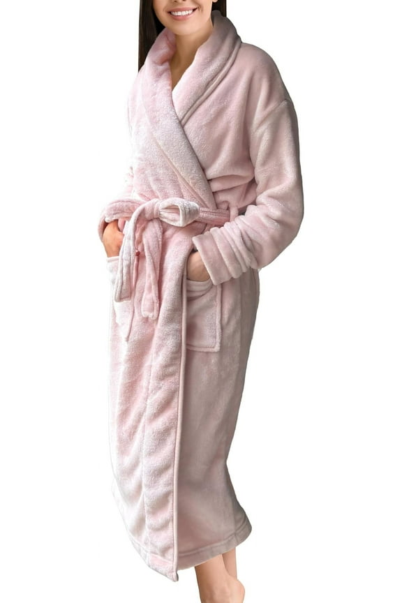 Women’s Plush Fleece Spa Bathrobe, Shawl Collar and Pockets, Velvet Soft and Warm Long Robe - Small, Pink